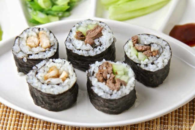 beef and chicken teriyaki sushi rolls