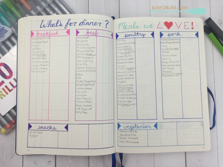This bullet journal favorite meals collection tracker helps you keep up with what your family loves to eat for dinner. Make meal planning easier with your bujo.