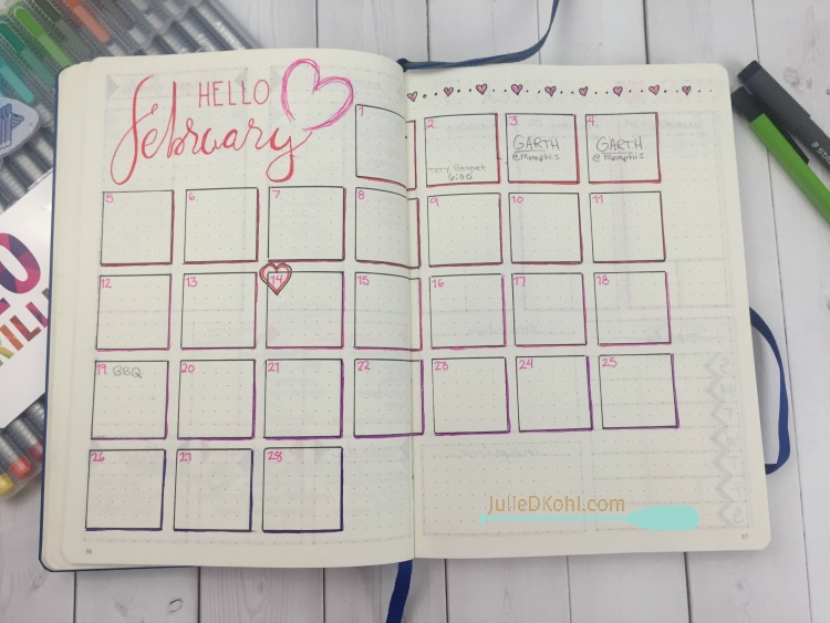 This monthly calendar layout for my bullet journal celebrates the month of February. Bujo