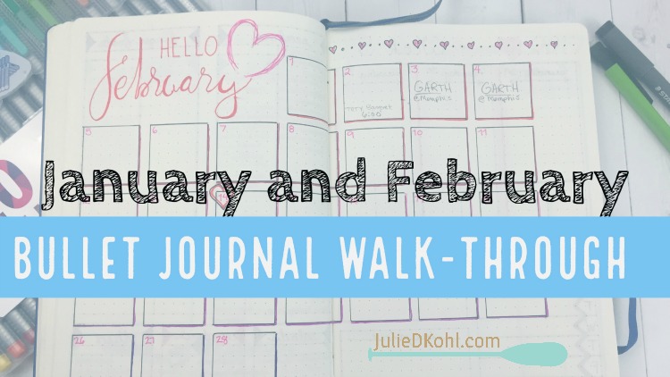 This post contains a video walkthrough and photos of my January and February Bullet Journal layouts. Read for a free printable template of the February layout. 