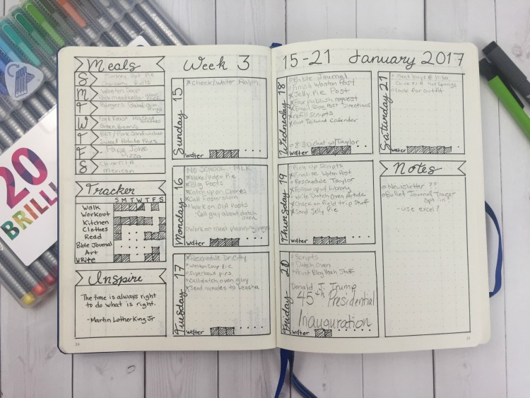 This January Bullet Journal weekly layout contains daily boxed, a meal tracker, a personal habits tracker, an inspire box for a favorite quote, water intake tracker and a spot for notes. 