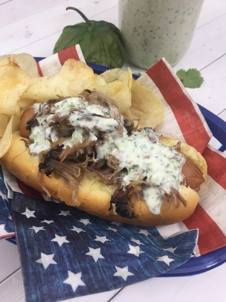 Pulled Pork & Tomatillo Ranch Hot Dog