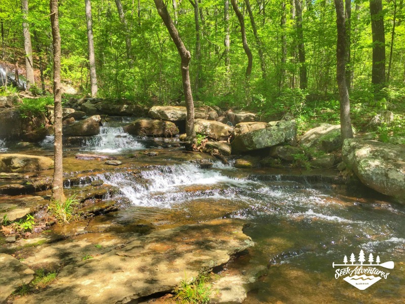 Collins Creek Falls Trail is in Heber Springs, Arkansas and is a beautiful hiking trail. Hike to a series of cascading waterfalls and enjoy a fun day in the woods. #hikingtrails #hikearkansas #hikeitbaby #wonderfularkarkansas juliedkohl.com