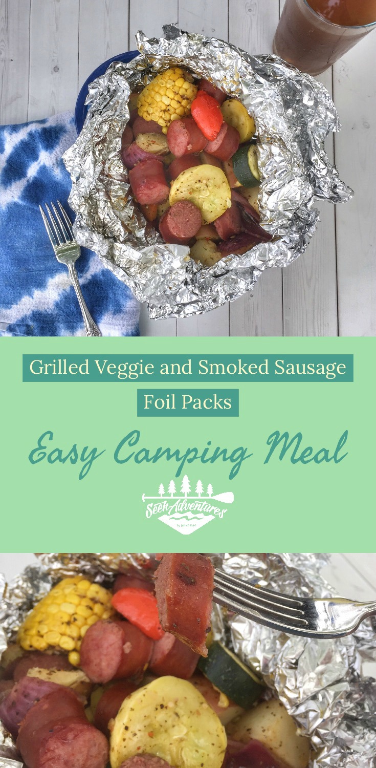 These grilled veggie and smoked sausage foil packs cook up quick and easy. These make for an easy camping meal or an quick weeknight dinner on the grill. #campingmeals #campingmenu #foilpacks #grillpacks #grilling campfire meals in packets campfire meals in foil foil packets foil packet recipes juliedkohl.com Seek Adventures #seekadventures