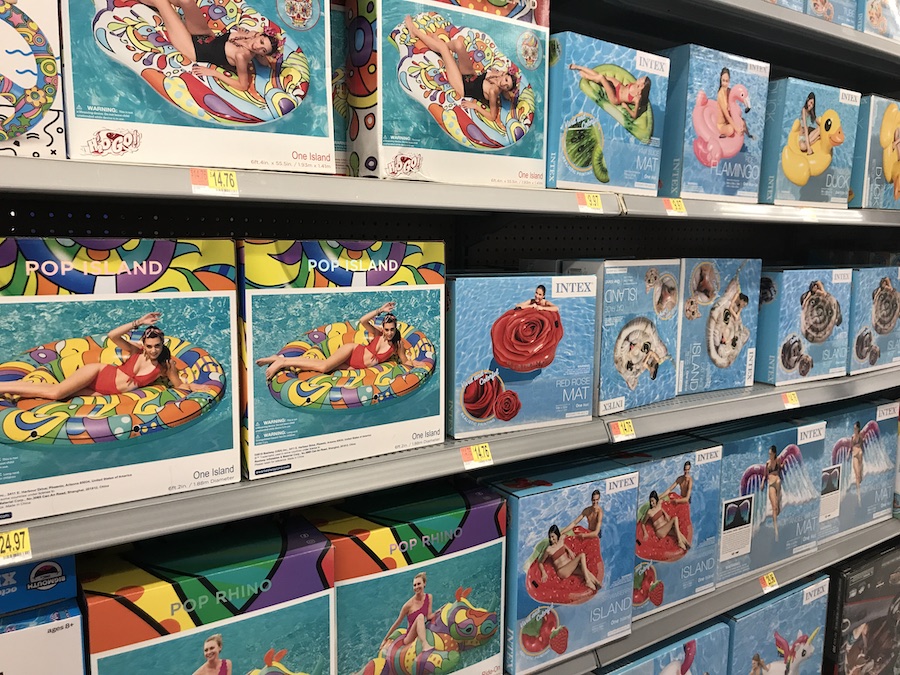 A selection of pool floats on a store shelf. Floaties are NOT life-saving devices.