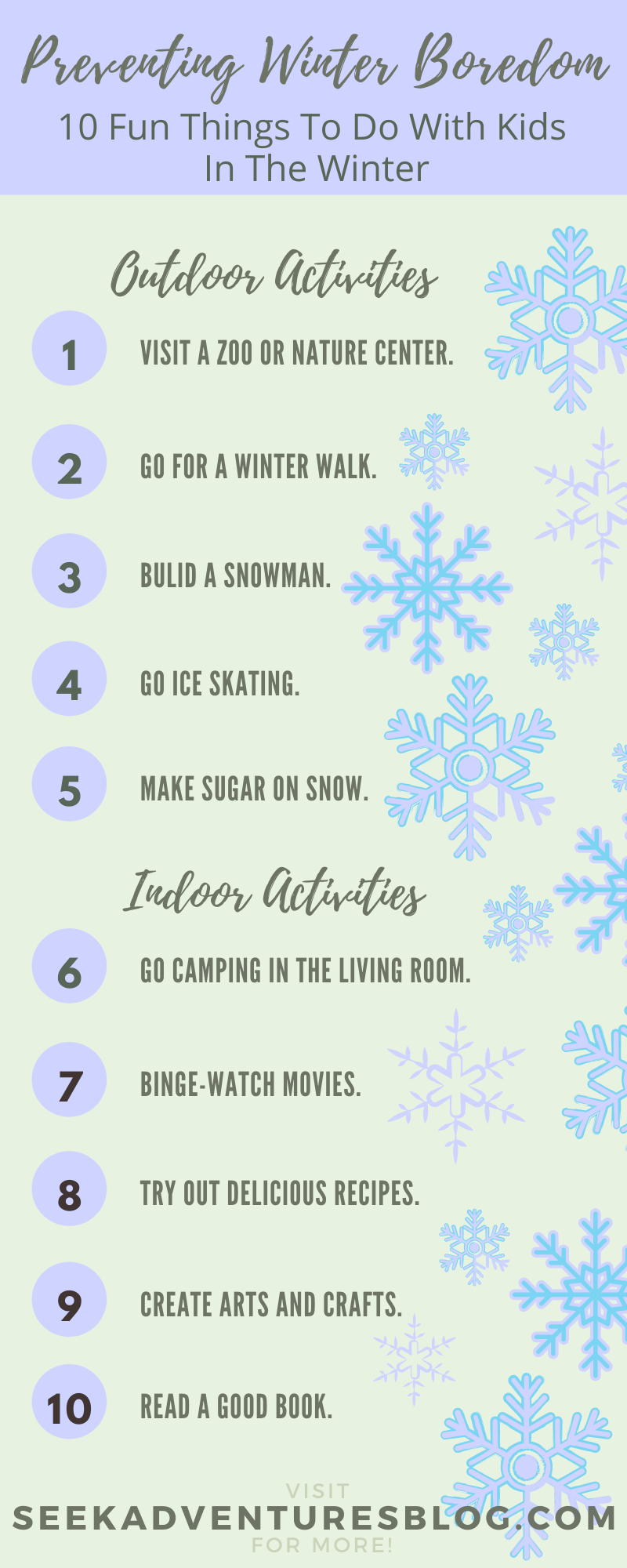 Winter boredom is tough on all of us but it's particularly tough on those kids who love the outdoors and physical activities. Check out this list of 10 things to do with kids in the winter.