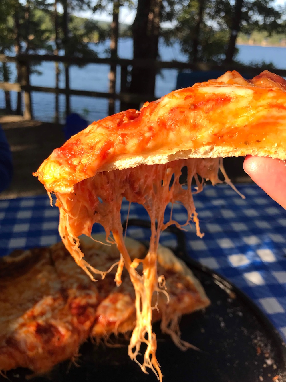 Yummy pizza over a campfire.