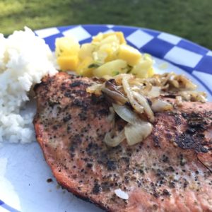 grilled salmon with rice and tropical salsa